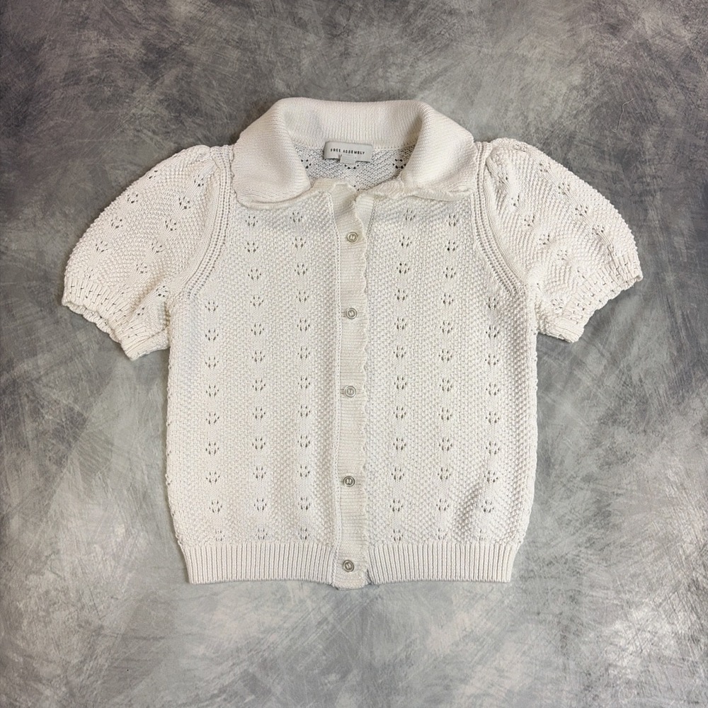 Free Assembly Cardigan Womens XS White Pointelle Puff Sleeve Scallop Trim Polo